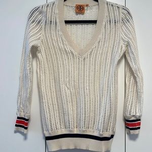 Tory Burch open knit varsity style sweater